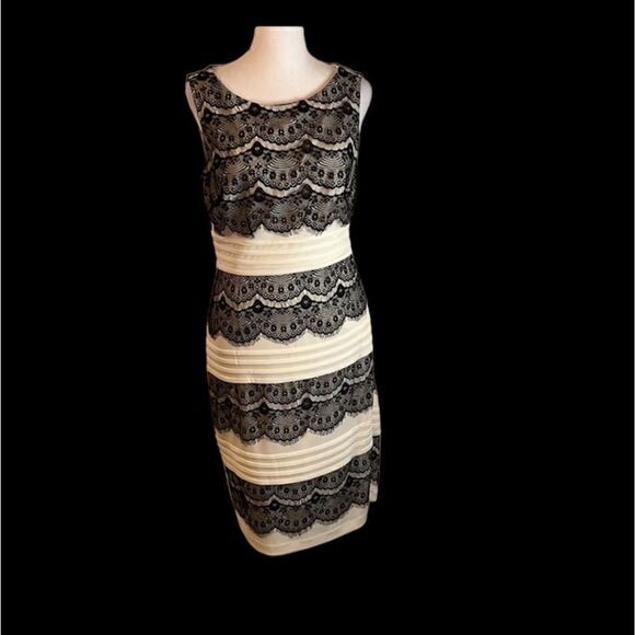 Jax sz8 black & white lace trimmed fully lined side zip bodycon midi dress GUC - Picture 3 of 8